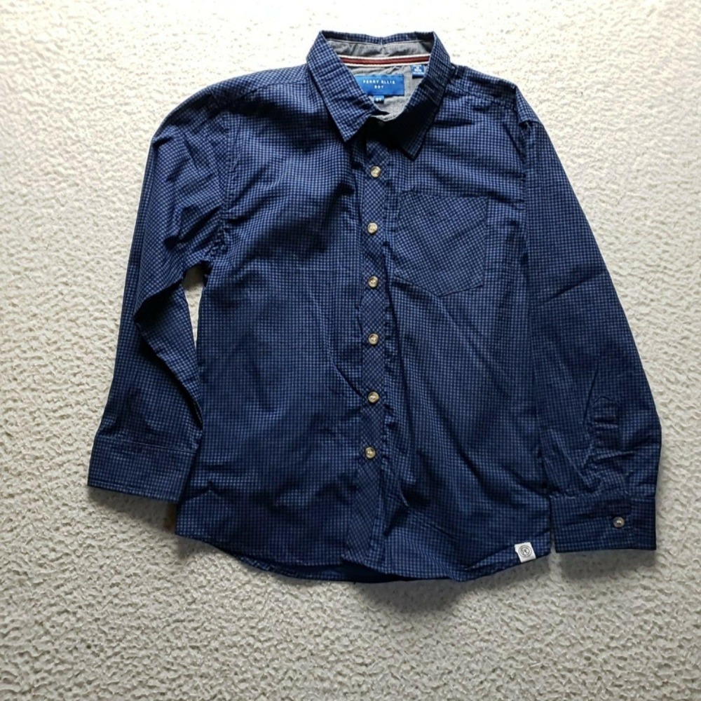 Perry Ellis Shirt Boys 8 Blue Gingham Long Sleeve Button Up Cotton Top